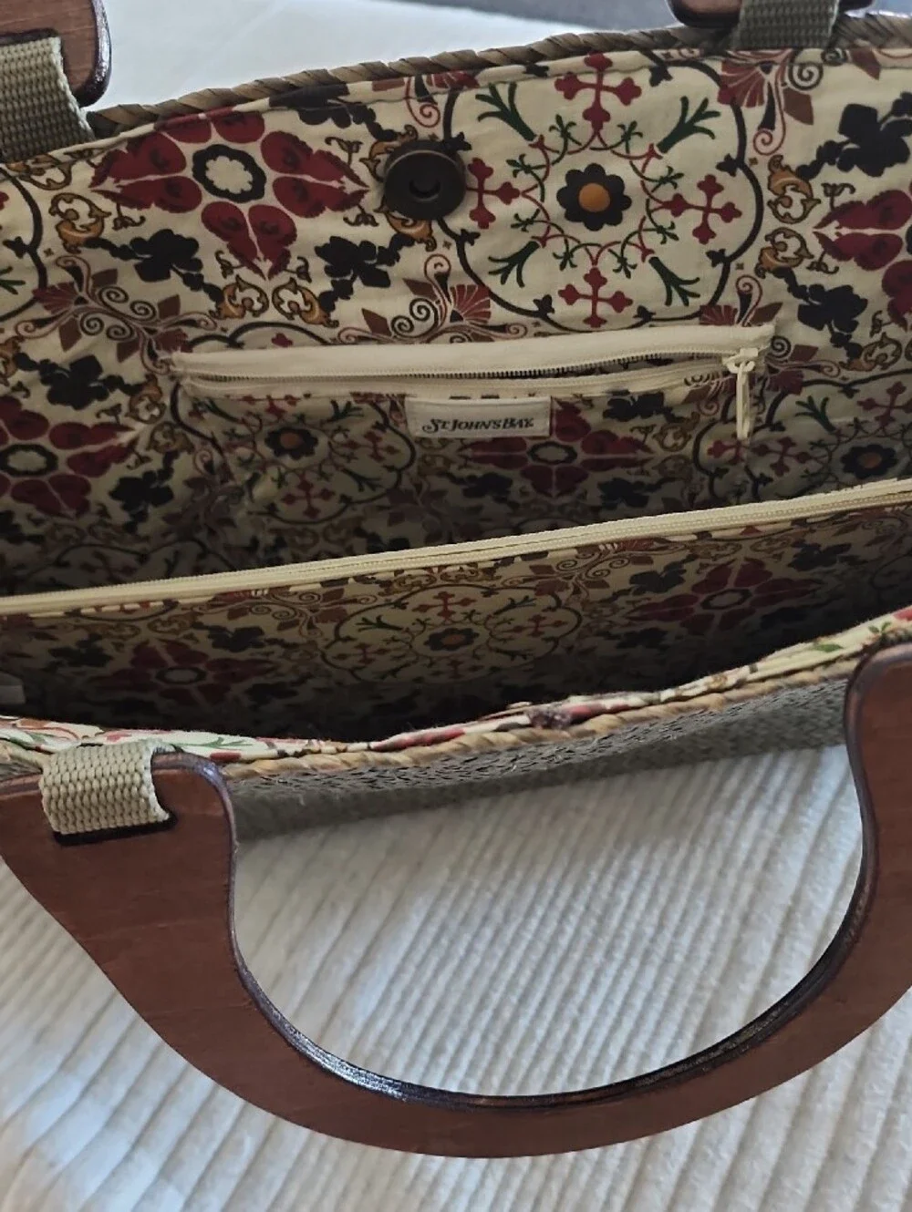 St. Johns Bay Woven Straw Tote Bag with Brown Wood Handles